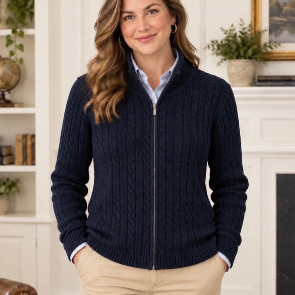 LL Bean Full Zip Cable Knit Sweater 2X Navy Blue Cotton Mock Neck Cardigan Chic